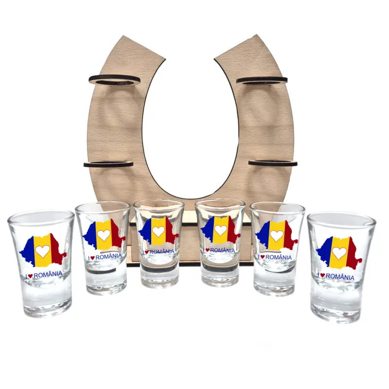 Harta i love romania, suport potcoava din lemn cu 6 pahare tip shout, model hgs059